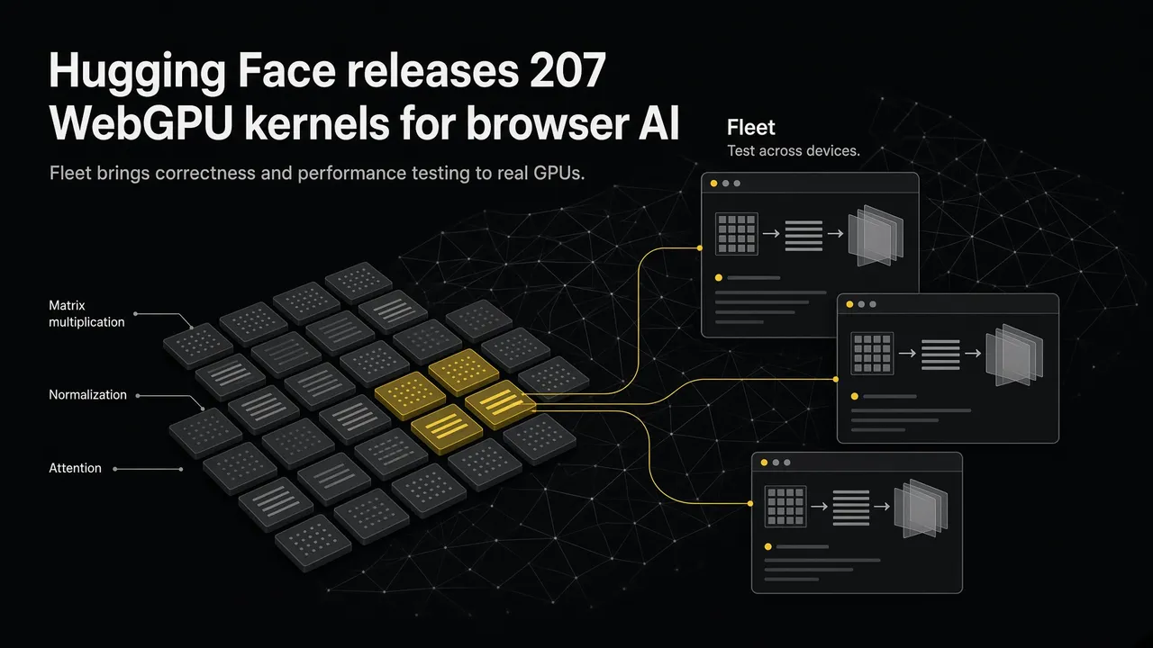 Hugging Face graphic introducing more than 200 open-source WebGPU kernels and the Fleet browser benchmarking system.